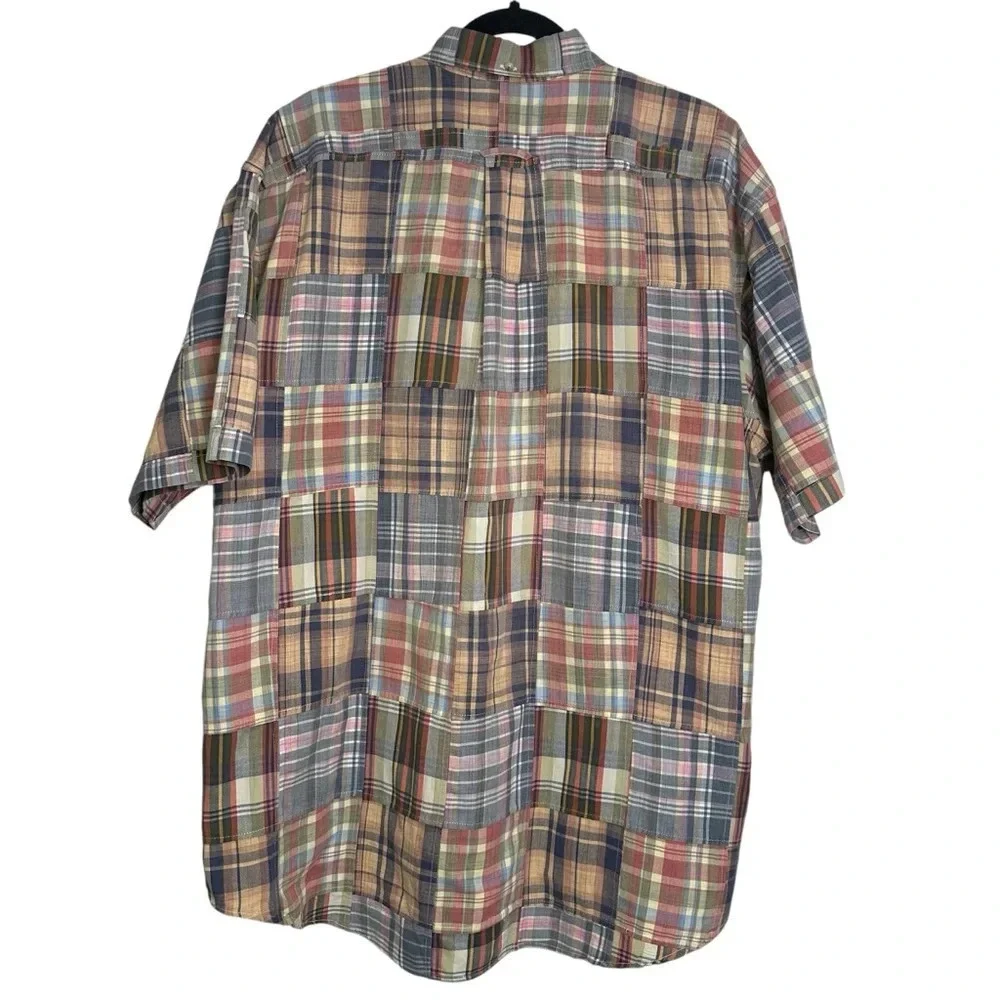 Faconnable Men’s L Cotton Mixed Plaid Patchwork Short Sleeve Iconic Shirt
